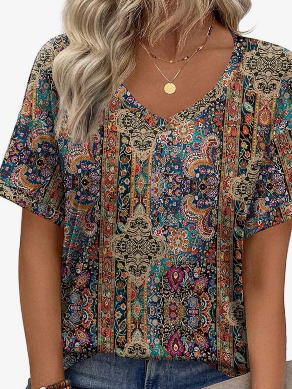 Boho Paisley V-Neck Short Sleeve Top - Teal Multi